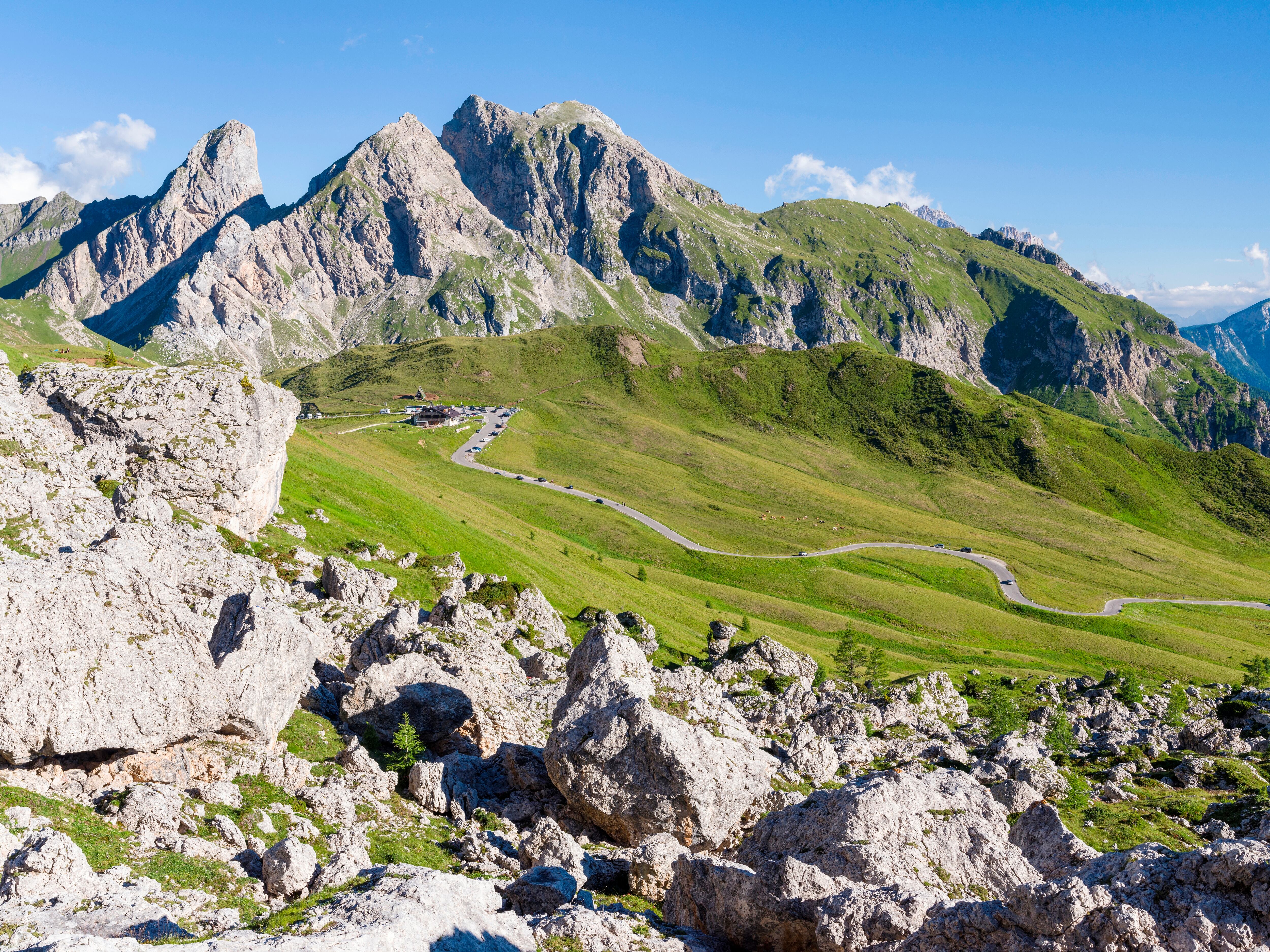 Dolomites at Passo Giau. View towards Monte Cernera and Monte Mondeval. The Dolomites are part of the UNESCO world heritage. Europe. Central Europe. Italy.