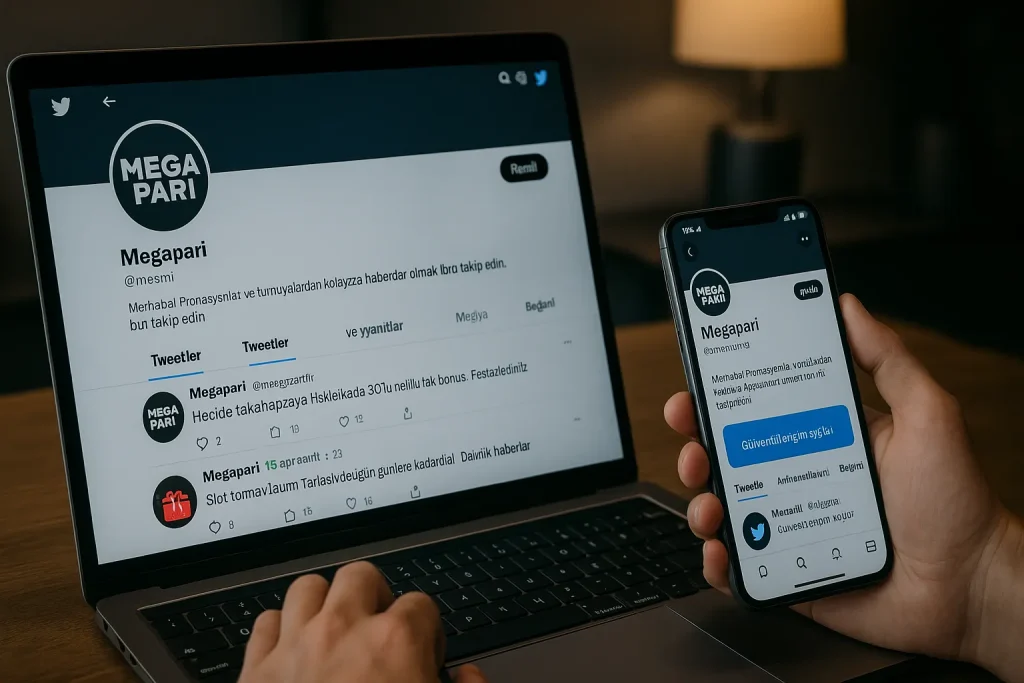 Megapari Twitter hesabı laptop ve telefonda