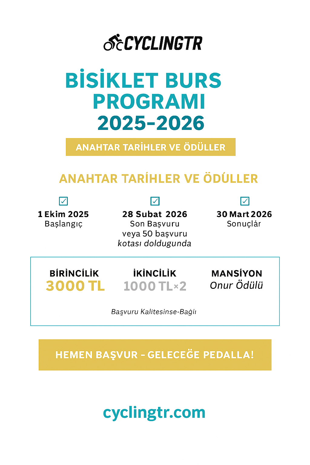 CyclingTR Bisiklet Burs Programı 2025–2026 Anahtar Tarihler ve Ödüller
